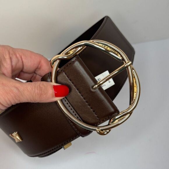 Anne Klein Wide Brown Leather Gold Buckle Belt Adjustable Shiny Womens - Picture 4 of 5